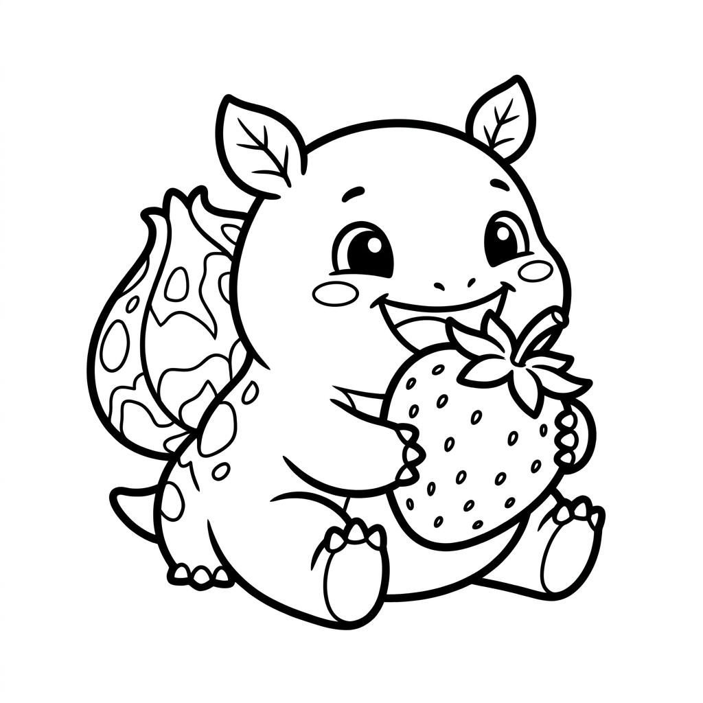 Bulbasaur coloring page holding a giant strawberry and taking a happy bite